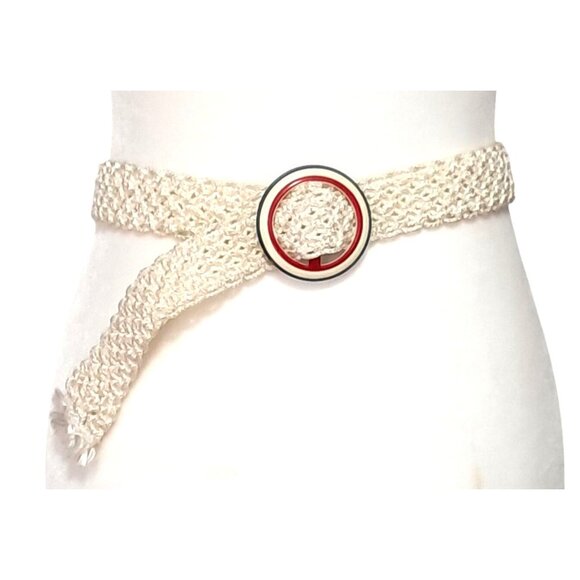 Vintage Macrame Belt Celluloid Buckle Red White Blue Accessories - Picture 2 of 9